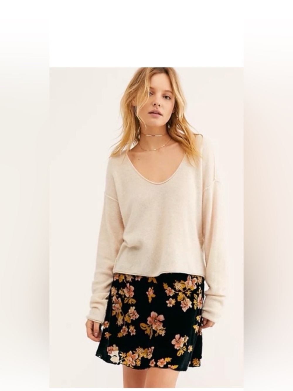 Free People Black Velvet Circle Skirt with Pink & Yellow Floral Print